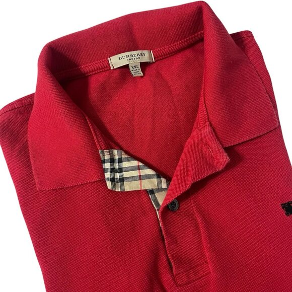 Burberry London Polo Shirt XXL Red Nova Check Collar 100% Cotton Classic Fit - Picture 1 of 9